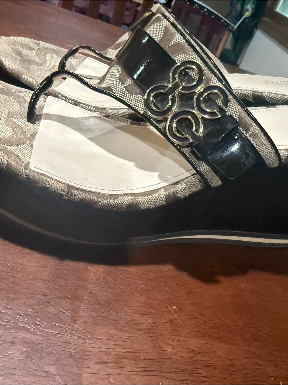 Coach Black and Tan Logo Buckle Slide Mule